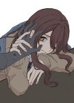  1girl 1other absurdres adxrhk arm_rest brown_cardigan brown_hair cardigan commentary_request disembodied_hand hair_over_one_eye hand_on_hand highres idolmaster idolmaster_shiny_colors leaning_forward light_smile long_sleeves looking_at_viewer osaki_tenka pov pov_hands solo_focus sweatdrop 