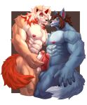  absurd_res anthro arknights asian_mythology black_sclera blue_body blue_fur brown_hair canid canine claws dingowolf duo east_asian_mythology etsuya_lynagh floppy_ears fluffy_chest foo_dog foreskin frottage fur game_character genitals hair hi_res horn hung_(arknights) hypergryph indy_newton2305 long_hair male male/male mammal muscular muscular_male mythology nipples penile penis penis_on_penis sex studio_montagne tail white_hair yellow_eyes 