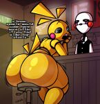  animatronic avian bar big_butt bird black_eyebrows black_sclera blonde_hair blush blush_stickers breasts butt chicken duo english_text eyebrows female five_nights_at_freddy&#039;s five_nights_at_freddy&#039;s_2 furniture galliform gallus_(genus) glowing glowing_eyes hair hi_res huge_butt lips lipstick machine makeup male marionette_(fnaf) motion_lines nanodude78 narrowed_eyes nude phasianid pink_blush rear_view red_blush red_lips robot scottgames sharp_teeth sitting stool tail teeth text toy_chica_(fnaf) white_body white_eyes yellow_body yellow_tail 