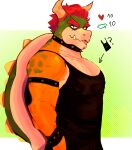  2024 2_horns abs anthro barazoku biceps big_muscles biped blush bowser bracelet clothing collar garbeorn hi_res horn jewelry koopa looking_at_viewer male mario_bros muscular muscular_anthro muscular_male nintendo nipple_piercing nipples pecs piercing scalie shirt solo spiked_bracelet spiked_collar spikes standing tank_top tongue tongue_out topwear 