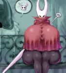  2b-ge anthro black_legs clothing curvy_figure dress duo female feral hollow_knight horn hornet_(hollow_knight) melee_weapon question_mark red_clothing red_dress sitting sword sword_on_back team_cherry the_knight_(hollow_knight) the_last_stag_(hollow_knight) voluptuous weapon white_head 
