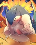  animal_genitalia belly big_belly blue_body blush bodily_fluids charizard chest_tuft countershading cowgirl_position detailed_background erection feral feral_on_feral fire first_person_view fluffy from_front_position generation_1_pokemon generation_2_pokemon genital_fluids genitals hi_res male mammal multicolored_body nintendo on_bottom on_top pecs penis pokemon pokemon_(species) pokemon_mystery_dungeon precum risenpaw sex slightly_chubby spike_chunsoft sweats tongue tuft typhlosion 