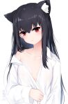  1girl animal_ears black_hair borrowed_character breasts cat_ears cat_girl expressionless extra_ears highres long_hair long_sleeves looking_at_viewer mole mole_under_eye no_bra off_shoulder original red_eyes shibanme_tekikumo shirt small_breasts white_background white_shirt xingye_(xing) 