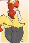  anthro big_breasts big_butt black_body black_fur braixen breasts butt canid canine dipstick_tail female fur generation_6_pokemon hair hi_res inner_ear_fluff looking_at_viewer looking_back mammal markings nintendo pokemon pokemon_(species) rear_view red_body red_fur red_hair simple_background skylosminkan tail tail_markings tuft white_body white_fur yellow_body yellow_fur 