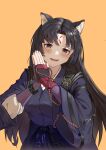  1girl absurdres animal_ears arknights bbgg_(pixiv_77795272) beads black_hair blush chinese_commentary commentary_request facial_mark fingernails forehead_mark grey_eyes hair_intakes hands_up head_tilt highres japanese_clothes kimono layered_sleeves long_hair long_sleeves looking_at_viewer o-ring open_mouth orange_background own_hands_together palms_together parted_bangs partial_commentary purple_kimono saga_(arknights) simple_background smile solo strap upper_body wide_sleeves yellow_eyes 
