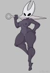  absurd_res anthro arthropod black_body black_eyes breasts female genitals hand_on_hip hi_res hollow_knight hornet_(hollow_knight) insect looking_at_viewer mehdrawings nipples non-mammal_breasts non-mammal_nipples on_one_leg pussy sewing_needle simple_background solo standing team_cherry thick_thighs wide_hips 