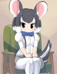  1girl :&lt; animal_ears armchair blue_bow blue_bowtie blush bow bowtie breasts chair chinchilla_(kemono_friends) closed_mouth commentary_request feet_out_of_frame grey_eyes grey_hair grey_shorts highres juliet_sleeves kemono_friends lets0020 long_sleeves looking_at_viewer medium_bangs mouse_ears mouse_girl mouse_tail pantyhose puffy_sleeves shirt short_hair shorts sitting small_breasts smile solo suspender_shorts suspenders tail white_hair white_pantyhose white_shirt 