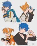  2boys arm_warmers black_choker blonde_hair blue_eyes blue_hair blue_scarf blush choker closed_eyes collarbone commentary_request dated from_side guilty_(module) hair_between_eyes headphones highres kagamine_len kaito_(vocaloid) kiii_4590 male_focus multiple_boys nail_polish open_mouth project_diva_(series) scarf short_hair smile sweatdrop upper_body vocaloid white_background wire yaoi 