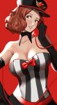  1girl absurdres bare_shoulders black_gloves bow bowtie breasts brown_eyes brown_hair cleavage collarbone corded_phone elbow_gloves gloves grin hand_on_own_hip hat highres holding holding_phone large_breasts lips looking_at_viewer okumura_haru peaked_cap persona persona_5 phone red_background red_bow red_bowtie shirt short_hair smile solo strapless striped_clothes striped_shirt tube_top upper_body xiiicaelum 