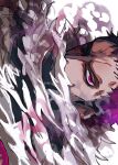  1boy a00xm charlotte_katakuri close-up commentary covered_mouth fur_scarf highres looking_at_viewer male_focus one_piece purple_eyes purple_hair short_hair simple_background smoke solo stitched_face stitches v-shaped_eyebrows 