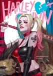  1girl bare_shoulders blonde_hair breasts colored_eyelashes dc_comics detached_sleeves english_commentary gloves harley_quinn hyena in-hyuk_lee lipstick long_hair looking_at_viewer makeup medium_breasts nail_polish official_art pink_hair ponytail solo swimsuit upper_body 