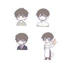 1boy :| belt black_jacket brown_eyes brown_footwear brown_hair capelet closed_mouth coat collared_shirt fire gold_trim green_shirt highres jabuchi_you jacket long_sleeves male_focus multiple_views necktie no_mouth no_nose pants pyrokinesis red_necktie red_pants saibou_shinkyoku shirt short_hair simple_background sunoom17 white_background white_capelet white_coat yellow_belt 