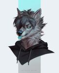  absurd_res anthro artist_name black_clothing black_hoodie black_nose black_topwear blep blue_eyes blue_tongue bust_portrait canid cheek_tuft clothed clothing ear_piercing ear_ring eyelashes facial_tuft front_view fur glistening glistening_eyes grey_body grey_fur grey_hair grey_inner_ear grey_inner_ear_fluff hair hi_res hoodie inner_ear_fluff looking_at_viewer male mammal marie_merkh messy_hair neck_tuft piercing portrait ring_piercing short_hair simple_background solo tongue tongue_out topwear tuft 