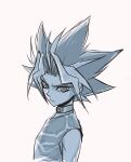  1boy belt belt_collar bright_pupils closed_mouth collar expressionless from_side gokunobaka looking_at_viewer male_focus monochrome shirt simple_background sketch sleeveless sleeveless_shirt solo spiked_hair white_background white_pupils yami_yugi yu-gi-oh! yu-gi-oh!_duel_monsters 