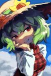  1girl blue_sky brown_hat closed_mouth cloud commentary english_commentary flower green_hair hand_on_own_face hat hat_flower highres kazami_yuuka long_sleeves looking_at_viewer outdoors red_eyes short_hair signature sky smile solo touhou upper_body zuomerika 