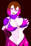  bete_noire bra breasts brown_hair clothes glitchtale highres huge_breasts pink_eyes pink_hair short_hair tongue tongue_out underwear zipper 