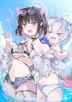  !? &gt;_&lt; 0202ase 2girls absurdres ahoge animal_ears bikini black_bikini black_hair blue_archive blush breasts can cat_ears colored_inner_hair day double_bun extra_ears grey_shorts hair_bun hair_ornament halo highres holding holding_can kazusa_(blue_archive) long_hair multicolored_hair multiple_girls navel open_fly open_mouth outdoors pink_hair pink_halo purple_bikini purple_hair red_eyes reisa_(blue_archive) short_hair short_shorts shorts small_breasts smile star_(symbol) star_hair_ornament swimsuit water 