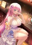  1girl absurdres bar_(place) bare_legs bare_shoulders blue_eyes bracelet breasts bridal_garter center_opening cherry cup dress drinking_glass earrings elf elysia_(honkai_impact) flower food fruit hair_between_eyes hair_flower hair_ornament hand_on_own_cheek hand_on_own_face highres holding holding_cup honkai_(series) honkai_impact_3rd jewelry large_breasts long_hair looking_at_viewer menu_board necklace pink_hair pink_pupils pointy_ears sitting sleeveless sleeveless_dress smile solo very_long_hair white_dress wine_glass zhihe_box 