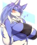 absurd_res anthro big_breasts bikini bikini_top blue_body blue_fur blush breasts canid canine canis clothed clothing female fur ginko0101 hair heart_symbol hi_res mammal simple_background smile solo swimwear white_background white_body wolf 