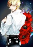  1boy back black_pants blonde_hair earrings fate/grand_order fate/stay_night fate/strange_fake fate/zero fate_(series) finger_to_own_chin floral_background flower gilgamesh_(fate) highres jewelry kabosoi_mangaka latex long_sleeves looking_at_viewer looking_back male_focus pants red_eyes red_flower shiny_clothes shirt short_hair smile solo white_shirt 