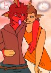  belt brown_eyes clothed clothing cute_fangs duo eeveelution feral fruity_the_vaporeon_(helloimfurry) fully_clothed generation_1_pokemon hair helloimfurry holding_each_other male names nintendo orange_body peach_the_vaporeon_(helloimfurry) pokemon pokemon_(species) red_body red_eyes shirt signature tank_top text tongue tongue_out topwear vaporeon 