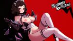  blush bow breasts brown_eyes brown_hair elbow_gloves gloves headband kawakami_sadayo knife maid mitsu_(mitsu_art) nipples no_bra nopan persona persona_5 pubic_hair red thighhighs watermark weapon 