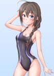  1girl ahoge anti_(untea9) black_one-piece_swimsuit blue_background blue_eyes blush braid breasts brown_hair competition_swimsuit covered_navel cowboy_shot gradient_background hair_over_shoulder hair_ribbon highres kantai_collection looking_at_viewer multicolored_clothes multicolored_swimsuit one-piece_swimsuit ribbon shigure_(kancolle) small_breasts smile solo swimsuit 