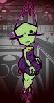  3_fingers alien alien_humanoid antennae_(anatomy) bar clothed clothing dress female fingers first_person_view footwear furniture green_body green_skin hand_on_hip heart_symbol hi_res high_heels humanoid invader_zim irken long_antennae looking_at_viewer mouth_closed nanodude78 nickelodeon noseless purple_clothing purple_dress purple_eyes purple_footwear purple_high_heels sitting solo stool tak_(invader_zim) thick_thighs tight_clothing wide_hips 
