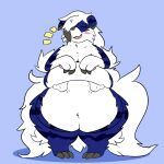  ambiguous_gender anthro arcanine belly big_belly blue_body blue_fur blush camuushamuu claws fur generation_1_pokemon generation_7_pokemon grey_claws hi_res hybrid lycanroc nintendo obese obese_anthro overweight overweight_anthro pokemon pokemon_(species) shiny_pokemon simple_background solo white_body white_fur wide_hips 