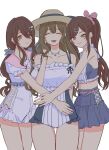  3girls ^_^ absurdres adxrhk alstroemeria_(idolmaster) bare_arms bare_legs bare_shoulders blush brown_hair casual_one-piece_swimsuit closed_eyes collarbone commentary_request fingernails girl_sandwich highres hug idolmaster idolmaster_shiny_colors kuwayama_chiyuki long_hair looking_at_viewer multiple_girls nail_polish one-piece_swimsuit osaki_amana osaki_tenka pink_sailor_collar ponytail sailor_collar sandwiched simple_background smile swimsuit thigh_gap thighs very_long_hair white_background 