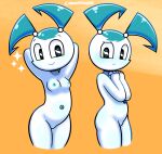  blue_hair breasts confusion disfigure female hair hi_res humanoid jenny_wakeman machine my_life_as_a_teenage_robot navel nickelodeon nipples nude orange_background pigtails robot robot_humanoid screw signature simple_background small_breasts smile sparkles white_body 