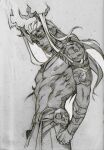  1boy abs antlers armor bare_pectorals cowboy_shot english_commentary gorget grey_background greyscale hades_(series) hades_2 hand_on_own_hip highres horns kilgaaaaaarra long_hair looking_at_viewer male_focus monochrome moros_(hades) nipples parted_lips pauldrons pectorals shoulder_armor sketch skull solo three_quarter_view toned toned_male v-taper 