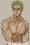  1boy absurdres bara bare_pectorals crimcres frown green_hair highres large_pectorals looking_to_the_side male_focus multiple_scars muscular muscular_male nipples one_piece pectorals roronoa_zoro scar scar_across_eye short_hair solo undressing unfinished upper_body 