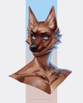  absurd_res ambiguous_gender anthro artist_name black_nose blue_eyes blue_sclera brown_body brown_fur bust_portrait canid cheek_tuft chest_tuft facial_tuft fur hi_res inner_ear_fluff mammal marie_merkh mouth_closed portrait simple_background solo tan_inner_ear_fluff tuft 