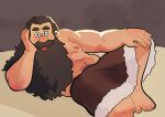  1boy :p bara beard belly derivative_work dplaoag dungeon_meshi dwarf elbow_rest facial_hair foot_out_of_frame highres knee_up long_beard looking_at_viewer lying male_focus mustache navel nipples on_side pectorals plump screenshot_redraw senshi_(dungeon_meshi) solo sparse_navel_hair thick_mustache tongue tongue_out topless_male very_long_beard 
