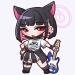  1girl absurdres animal_ears bass_guitar black_choker black_footwear black_hair blue_archive cat_ears choker clothes_around_waist clothes_writing commentary_request ear_piercing fender_jazz_bass full_body grey_background grey_socks halo highres holding holding_instrument instrument kazusa_(band)_(blue_archive) kazusa_(blue_archive) loafers looking_at_viewer mask mask_pull mouth_mask multicolored_hair parted_lips piercing pink_hair pleated_skirt red_eyes saishosaisekojo shirt shoes short_hair short_sleeves simple_background skirt socks solo standing two-tone_hair white_shirt white_skirt wristband 