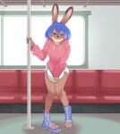  3_toes 5_fingers absurd_res anthro blue_eyes blue_hair blush bodily_fluids boots brown_body brown_fur claws clean_diaper clothing clothing_pull diaper embarrassed exposed_diaper eyebrow_through_hair eyebrows feet female fingers footwear fur hair hi_res holding_in_urine holding_pole hoodie knock-kneed lagomorph leporid long_ears looking_at_diaper mammal octojo on_one_leg pink_clothing pink_hoodie pink_topwear pole pulling_shirt_down rabbit rapid_transit seat solo standing sweat teeth toeless_boots toeless_footwear toes topwear train translucent translucent_hair vehicle white_diaper window 