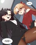  2girls absurdres bare_shoulders belt bespectacled black-framed_eyewear black_hair blonde_hair blush bow breasts brown_pantyhose clothes_lift earrings ereshkigal_(fate) fate/grand_order fate_(series) glasses gold_earrings hair_bow hair_intakes hair_ribbon highres hoop_earrings hyperbudd ishtar_(fate) jacket jewelry long_hair long_sleeves looking_at_viewer medium_breasts multiple_girls off_shoulder office_lady open_mouth panties panties_over_pantyhose pantyhose parted_bangs red_belt red_eyes revision ribbon siblings sisters skirt skirt_lift smile speech_bubble translation_request two_side_up underwear watch wristwatch 