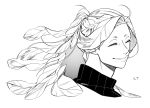  1boy closed_eyes closed_mouth commentary_request facing_viewer greyscale highres long_hair male_focus monochrome original plant_hair ponytail portrait seaweed simple_background smile solo white_background zzb_azz 