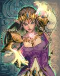  1girl absurdres armor armpits blue_eyes breasts brown_hair commentary elbow_gloves english_commentary foreshortening gloves highres kornart long_hair low-tied_long_hair magic pointy_ears princess_zelda serious shoulder_armor small_breasts solo the_legend_of_zelda the_legend_of_zelda:_twilight_princess upper_body v-shaped_eyebrows white_gloves 