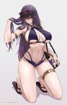  1girl ami-35 bikini black_bag black_bikini black_hair breasts collarbone eyewear_on_head facial_mark gradient_hair green_eyes highres large_breasts long_hair moddedjoker mole mole_on_breast multicolored_hair navel o-ring o-ring_bikini purple_bikini purple_hair sandals shadow skindentation solo striped_bikini striped_clothes sunglasses swimsuit thighlet two-tone_bikini vfleet virtual_youtuber 