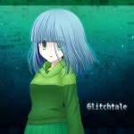  1girl amber_lightvale blue_eyes clothes glitchtale green_eyes green_shirt looking_at_viewer sad shirt short_hair skirt solo 