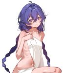 1girl absurdres blue_eyes blue_hair braid breasts closed_mouth commentary crossed_bangs english_commentary hair_between_eyes hand_up highres holding holding_towel long_braid looking_at_viewer mushoku_tensei navel roxy_migurdia simple_background sitting small_breasts solo sydus towel twin_braids upper_body white_background white_towel 