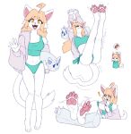  4_toes 5_fingers anthro bikini bikini_bottom breasts butt clothing crossed_legs domestic_cat exclamation_point feet felid feline felis female fingers fur hi_res humanoid_hands mammal nintendo nintendo_switch pawpads paws pictographics pillow pink_pawpads plantigrade rz54 shirt simple_background soles solo stretching swimwear tank_top toes topwear white_body white_fur yellow_eyes 
