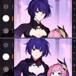  2girls black_shirt blue_eyes breasts camera cleavage closed_mouth elysia_(honkai_impact) elysia_(miss_pink_elf)_(honkai_impact) hair_ornament highres holding holding_camera honkai_(series) honkai_impact_3rd long_hair multiple_girls pink_hair purple_eyes purple_hair quanx70909457 raiden_mei raiden_mei_(danzai_spectramancer) selfie shirt size_difference smile upper_body viewfinder 