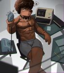  2024 abs absurd_res afro_puffs ankorthewolf anthro athletic athletic_anthro athletic_male biceps biped brown_body brown_fur canid canine canis chair clothed clothing collar_tag fur furniture hi_res looking_at_viewer male mammal on_chair pecs shorts_only sitting sitting_on_chair solo topless wolf yellow_eyes 