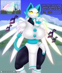  anthro blue_hair boots breasts cloth clothed clothing darkner deltarune dialogue dialogue_box felid feline female floating_hands footwear hair hand_on_chin hand_on_leg hand_on_thigh hi_res jojo&#039;s_bizarre_adventure jojo_pose looking_at_viewer machine mammal meme menacing_(meme) raised_tail robot seductive smile sokoyo_owo solo tail tasque_manager terraria undertale_(series) weapon weapon_on_back yellow_eyes 