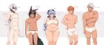  1girl 4boys absurdres ahoge alternate_body_size animal_ear_fluff animal_ears arms_behind_back artist_name black_horns blue_hair body_freckles breasts character_request closed_mouth english_commentary english_text feet_out_of_frame freckles ganyu_(genshin_impact) genshin_impact grey_background hair_between_eyes highres horns large_breasts legs_together long_hair looking_at_viewer looking_to_the_side multiple_boys nifast_(greentail) open_mouth orange_eyes plump sidelocks straight-on stretch_marks thick_thighs thighs twitter_username white_background 
