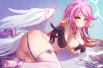  ass breasts elbow_gloves garter_belt gloves halo jibril long_hair mitsu_(mitsu_art) nipples no_game_no_life nude purple_hair pussy stockings uncensored watermark wings yellow_eyes 