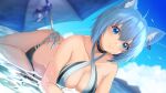  aliasing animal_ears animare aqua_eyes aqua_hair bikini blush breasts choker cleavage clouds enatsu sky souya_ichika swimsuit umbrella water 